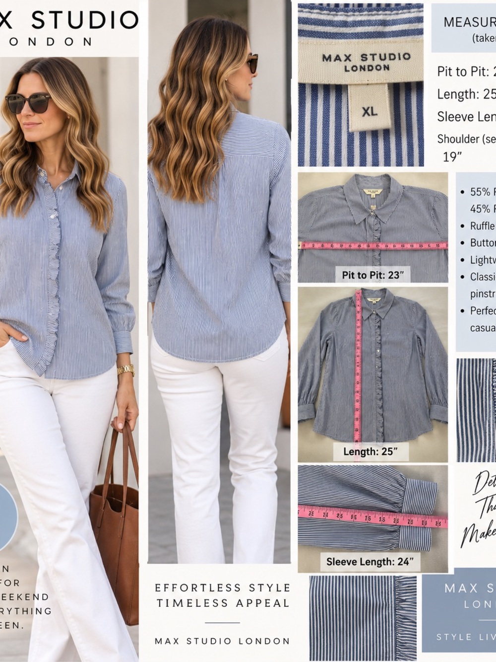 Max Studio Blue & White Pinstripe Ruffle-Trim Button-Down Shirt